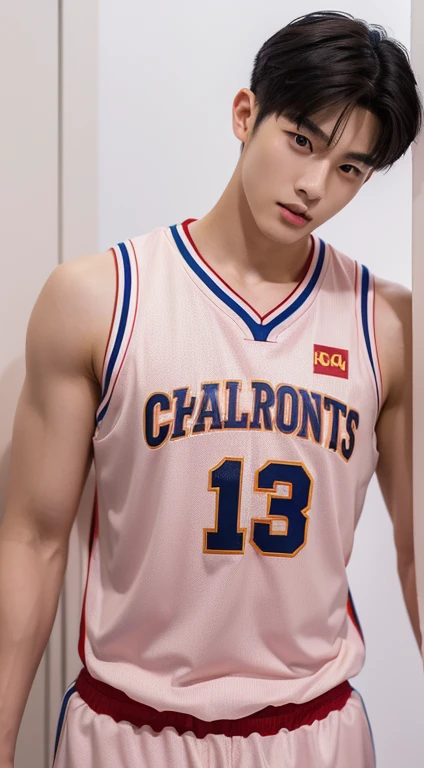Realistic masterpiece, young Chinese man, Chinese male actor, Deng Lun20 years old,  handsome, Good shape, big muscles,Plump muscles, black hair,, Bright black eyes, Narrow eyes, Prominent nose, Thin mouth, Height 180 cm, Good shape, Wear a basketball uniform, The background is a night light. large bulge in the middle Sharp and detailed face. Pictures taken with the Canon 50k camera are clear.. Pinkish-white skin. handsome face.Clear Face. Deng Lun20 years old, good condition