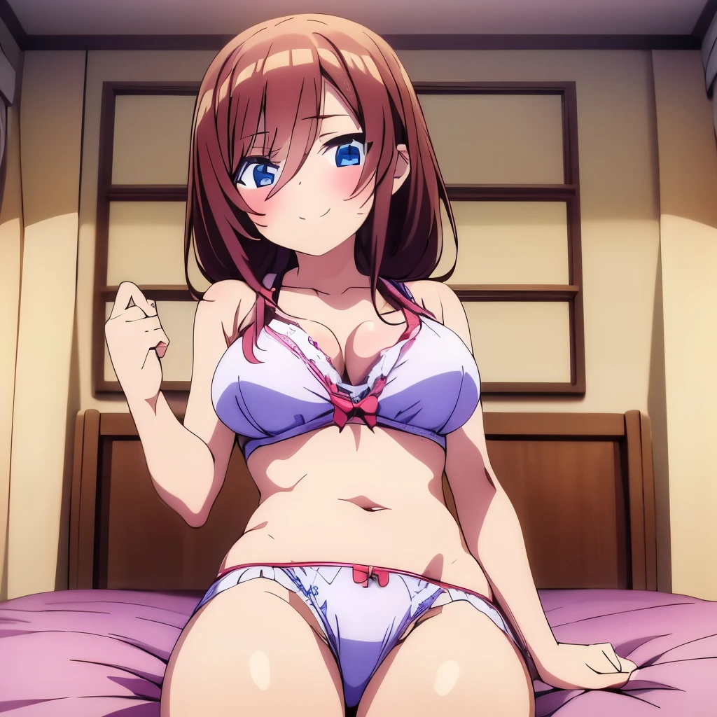 ((masterpiece)), ((best quality)), (ultra-detailed), anime style, on the bed, a cute girl, 1girl, solo, smile, underwear00