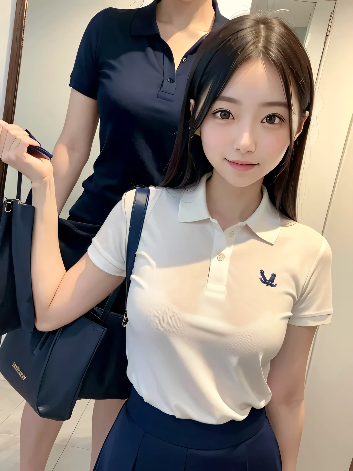 one person、one person、smile、An 18-year-old high school girl poses for a photo in a Navy blue polo shirt with an open front、Putting on makeup in front of the mirror、fun、Navy blue mini skirt、Holding a red handbag、victory、masterpiece、high resolution、Sharp focus)、cute、Japanese women、18-year-old、sexy、Laughter、(Perfect Anatomy、Delicate and beautiful body、Navy blue polo shirt)、Busy town on holiday、smile、Small breasts、Nogizaka Idol、Slim figure、sexy、