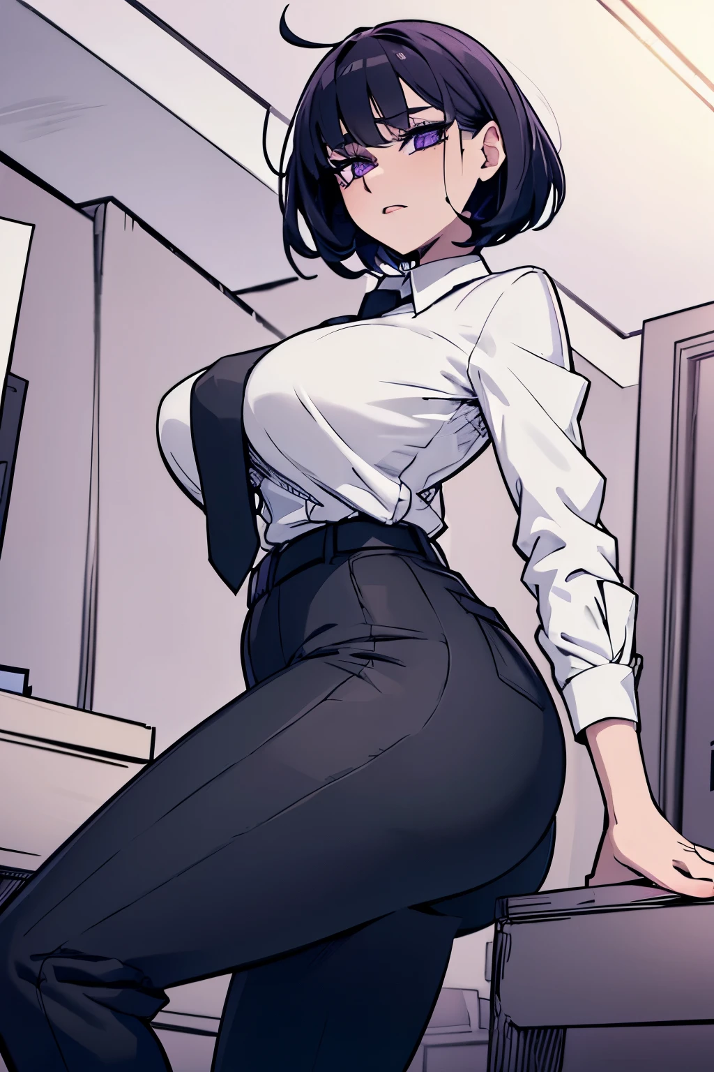 Ultra Real), (Illustration), (High Resolution), (8K), (Very Detailed), (Best Illustration), (Beautiful Detailed Eyes), (Best Quality), (Ultra Detailed), (Masterpiece) very big breasts, attractive legs, (busty), (perky) (huge ass) (bubble butt) human_feet, messy hair, black hair, wolf cut, (purple eyes:1.1), barefoot, 1girl, mole under eye, short hair, white shirt, long sleeves, jacket, white shirt, necktie, collared shirt, pants, black jacket, black pants, formal, suit, black necktie, shirt tucked in, office lady, ringed eyes, siting legs outstretched