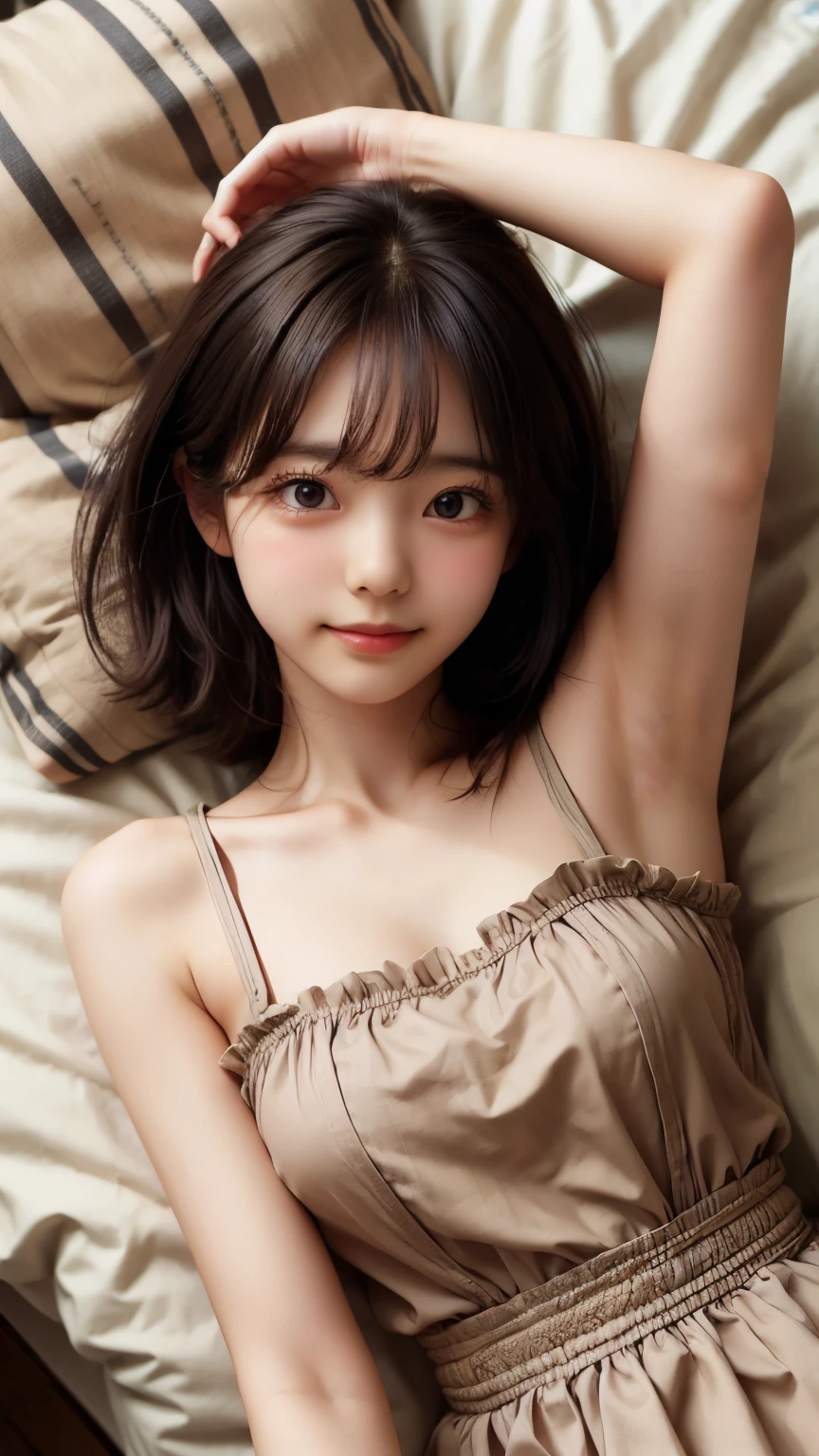 ((sfw: 1.4)), detailed face, cute face,brown eye,master piece , best quality , highly detailed , dresses , (matured female) , lie down , arm up , armpit , from above , japanese , smile , bed room