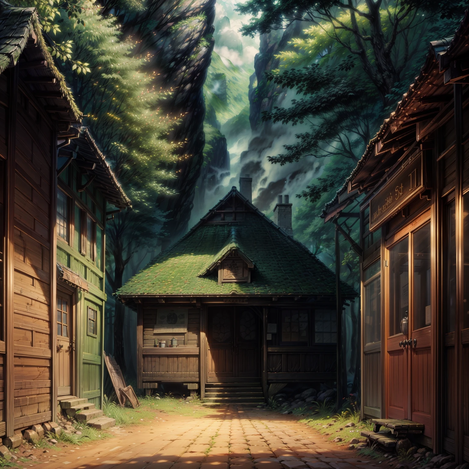best quality,Masterpiece,The forest is peaceful and lonely. There is a shop in a large forest in the middle of a valley.
