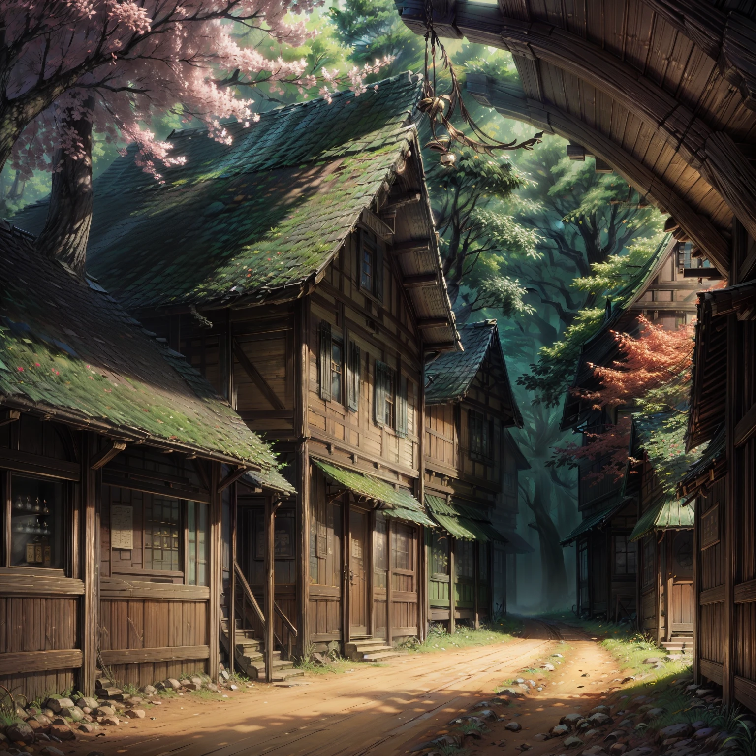 best quality,Masterpiece,The forest is peaceful and lonely. There is a shop in a large forest in the middle of a valley.