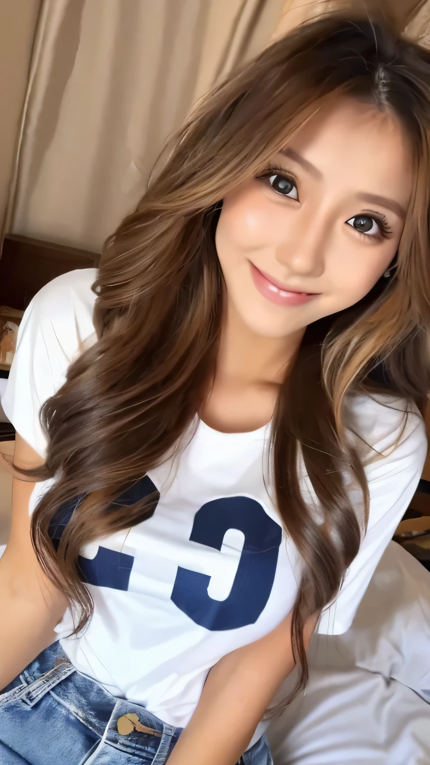 one woman,(18 years old),T-shirt,denim pant
costume,on the bed,full body shot,tanned skin,large breasts,cute face,big eyes,smiling,long hair,gold hair,high quality,japanese,cinematic angle