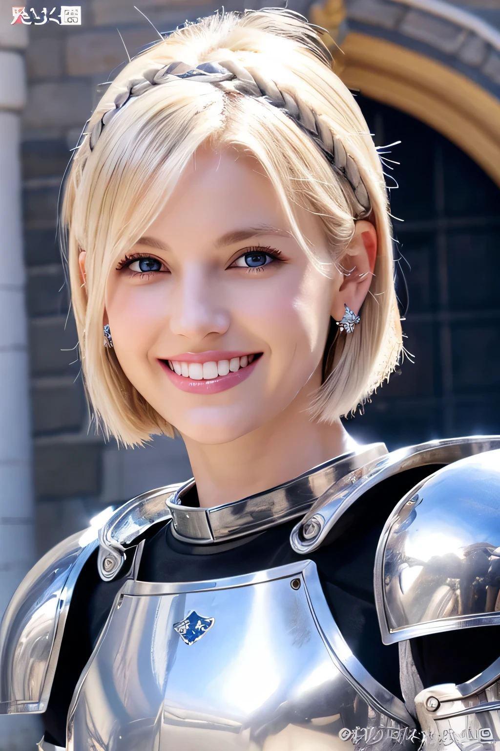 ８Ｋ、highest quality、female knight、Luxurious Silver Armor、、hairstyle short cut、smile、beautiful teeth、full body photo、ear piercing、blonde、white woman、blue eyes、heavy makeup、The background is inside the castle

