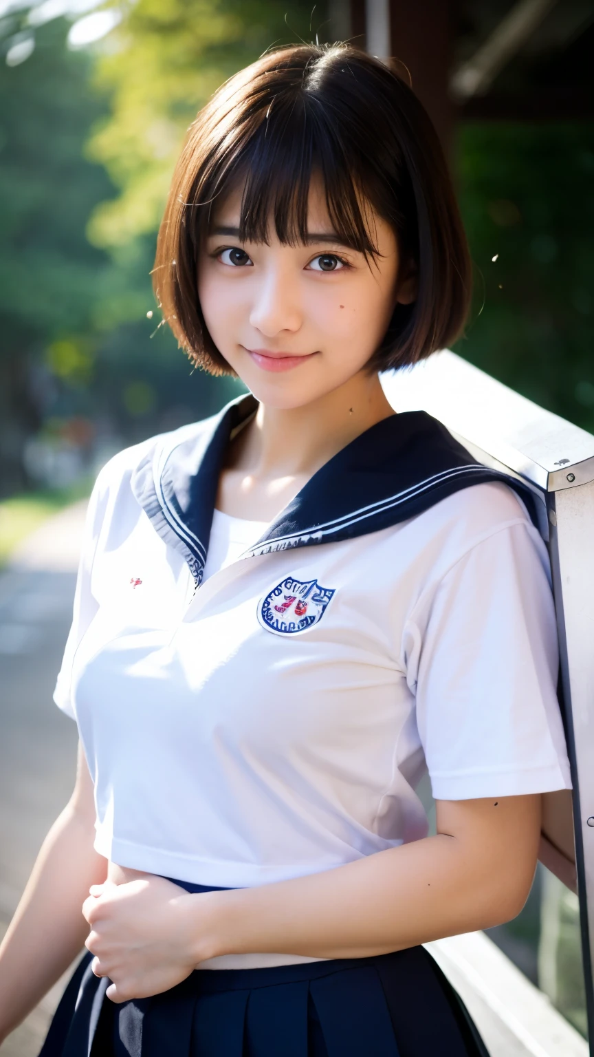 (RAW Photos: 1.2), (Realistic: 1.4), Beautiful detailed girl, Very detailed eyes and face, Beautiful and beautiful eyes, Large file size, Very detailed, High resolution, Very detailed, highest quality, masterpiece i, ((Japanese girl)), (Beautiful Realistic Asian), alone, 1 girl, (Japanese High School Sailor Uniform, perfection), (perfection Anatomy, Beautiful body, Healthy Body, Beautiful Skin), sunny day, Black Hair, short hair, Iris, shape, Very detailedな, CG, uniform, 8k wallpaper, wonderful, Fine details, masterpiece, highest quality, Very detailedな CG uniform 8k wallpaper, the light shines on your face, Cinema Lighting, 1 girl,Japanese, Japanese girl, Japanese woman, Neat and clean high school girl, A neat and clean female college student, 1 girl, (Japanese girls' high school sailor suit, perfection), (Japanese Girls' High School Blazer, perfection), skirt, (perfection Anatomy, Beautiful body, Healthy Body, Beautiful Skin), sunny day, Black Hair, short hair, Long Hair, ponytail, Iris , On the way home, Small breasts, Flat Chest, 22 years old, On the way to school, Artistic., Beautiful woman, Beauty Body, Laughter, ((Full body image)),White bra,White lace panties,