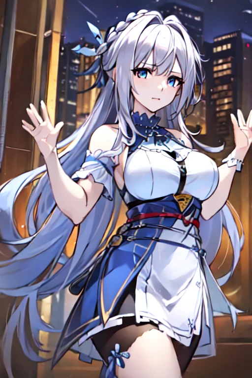 (Pseudo traditional media:1.3), (masterpiece:1.6), (best quality:1.6), (Maximum resolution:1.6),  Solitary, Chinese clothes, china skirt, Pelvic Curtain, official clothing,(White hair:1.5), (The hair is all white:1.8)，翼Hair accessories, 1 girl, skirt, White skirt, Solitary, Hair accessories, breast, Bare shoulders, View Viewer, Double tail, Bangs, Smile, jewelry, (blue eyes:1.8), Shut up, Sleeveless skirt, (Open your hands outward:1.8)，Facing the audience，skadi，(Background is night:1.7), Full body image, (Very verbose characters:1.6), (very detailed face:1.6), (Very detailed eyes:1.3)，Very detailed background，Black pantyhose