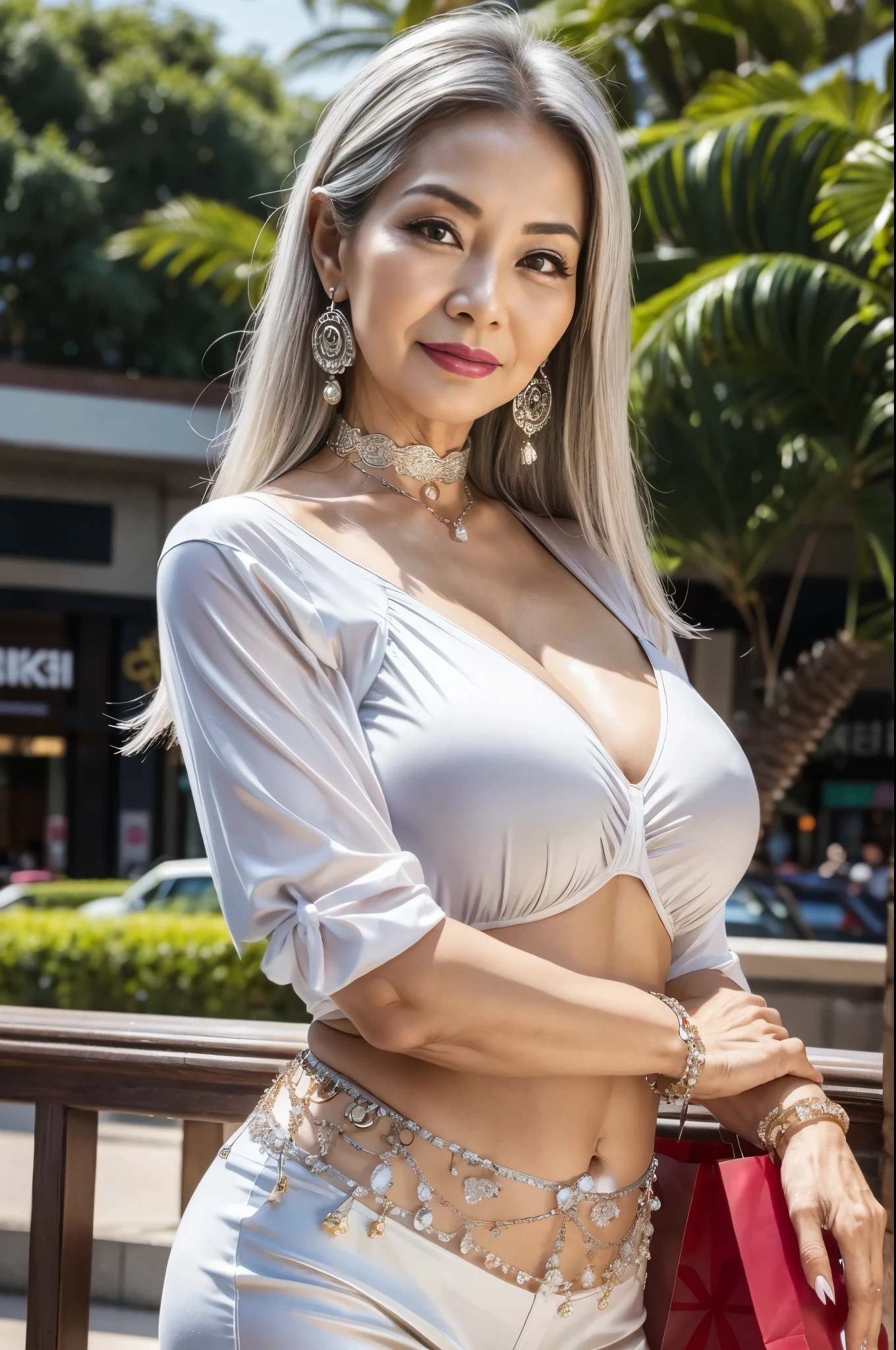 75 years old Mom MILF Chinese Lady large earring Big choker navel piercing decoration A bracelet Silver Hair realisitic Gorgeous Madame Beautiful Mature Woman sexy Smile Gentle woman navel piercing 4K High quality shopping mall shopping back Gorgeous Madame Beautiful Mature Woman