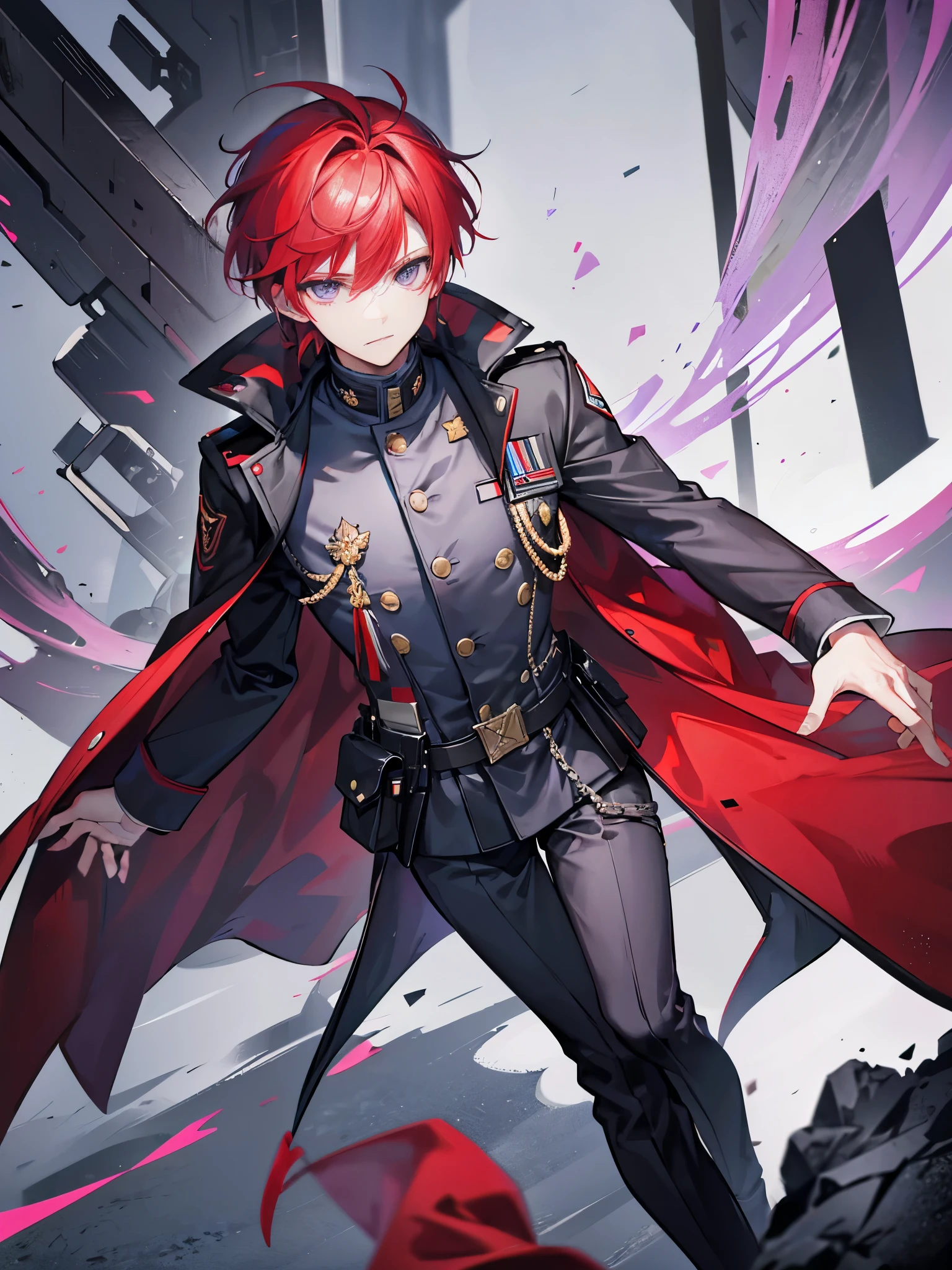 Male youth，Full body portrait，grey clothing，Military jacket，Red hair，Violet eyes