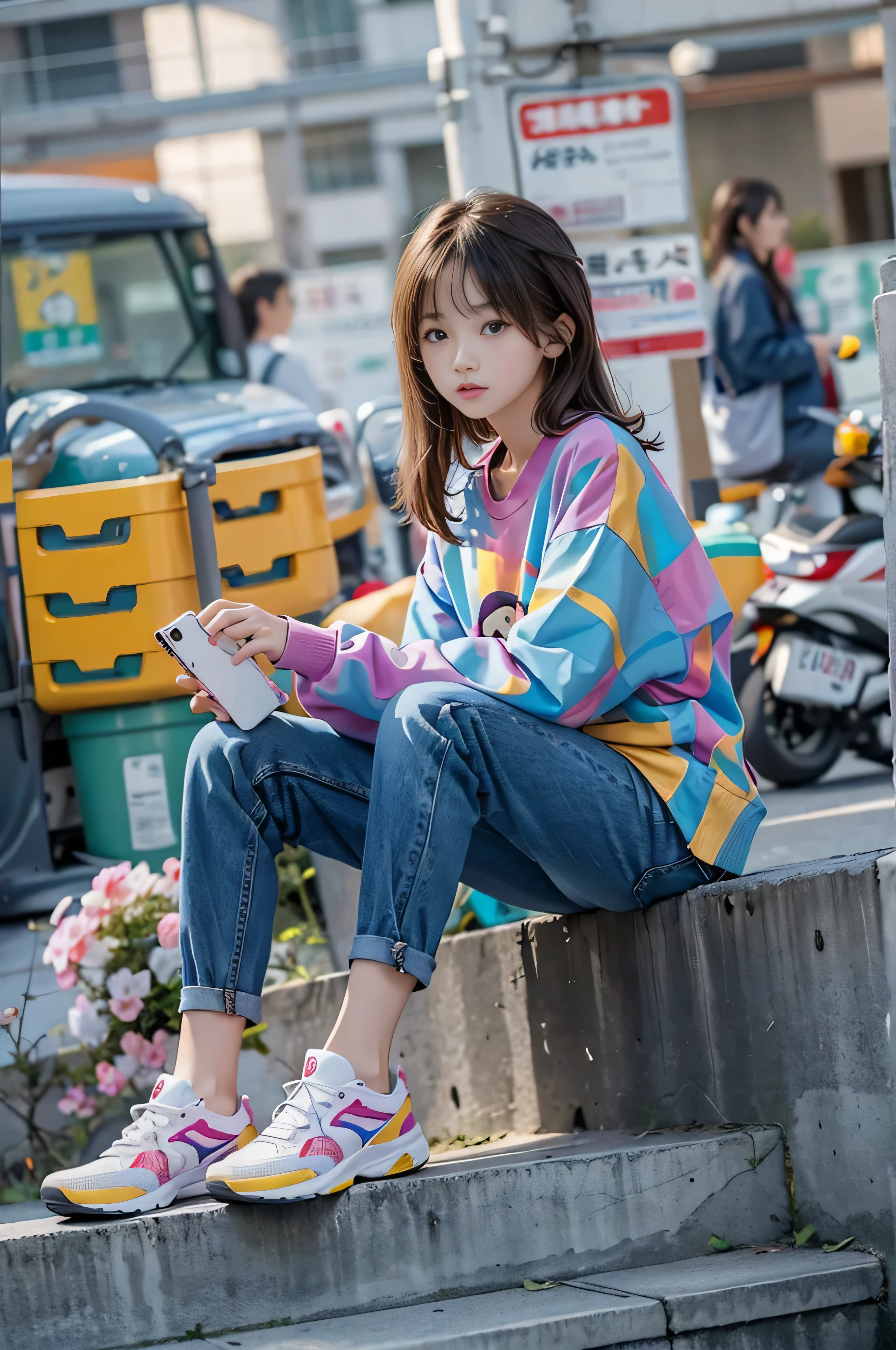 One girl，Japanese, ************, Wearing a colorful long sleeve shirt，(((Bottom View))),Athletic Sneakers，Low-rise denim pants, Have a smartphone, Shallow space，Background of urban architecture，Sitting pose，highest quality, masterpiece, 8k，Shallow depth of field, Biologically correct,