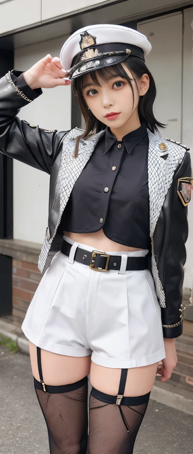Cool punk girl、whole body、Good style、、、、、、、、Military uniform based white punk costume(military hat、Shorts Style)、Cool Belt、、、Fishnet tights