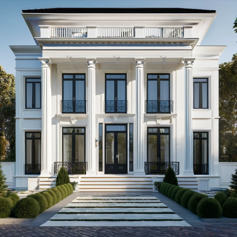 RAW photo, masterpiece, arafed house with a car parked in front of it, neo - classical style, rendered in lumion pro, classicism style, classicism artstyle, lumion render, rendered in lumion, architectural visualization, neoclassical style, in style of classicism, white light sun, rendered in vray, rendered in v-ray, rendered in unreal engine 3d, (photorealistic:1.2), best quality, ultra high res, exterior, architechture,modern house,(white wall:1.5), (detail gate black:1.4), (photorealistic:1.5), best quality, ultra high res, exterior,architechture,neoclassic house,(white wall:1.2), (detailed reliefs:1.2), (The front 1st floor has 4 windows), (the right side 1st floor has 4 windows), (the main side has three-step stairs), (the right side has three-step stairs) ,glass windows,,trees,traffic road, blue sky,in the style of realistic hyper-detailed rendering, luxury neoclassical villa, in the style of neoclassical scene, glass windows, (white navy roof:1.2), best quality, (straight strokedetail:1.1) roof top, (Intricate lines:1.5), ((Photorealism:1.5)),(((hyper detail:1.5))), archdaily, award winning design, (dynamic light:1.3), (night light:1.2), (perfect light:1.3), (shimering light :1.4),  refection glass windows, (curved line architecture arch:1.2), trees, beautiful sky, photorealistic, FKAA, TXAA, RTX, SSAO, Post Processing, Post-Production, CGI, VFX, SFX, Full color,((Unreal Engine 5)), Canon EOS R5 Camera + Lens RF 45MP full-frame CMOS sensor, HDR, Realistic,8k,((Unreal Engine 5)), Cinematic intricate detail, extreme detail, science, hyper-detail, FKAA, super detail, super realistic, crazy detail, intricate detail, nice color grading, reflected light on glass, eye-catching wall lights, unreal engine 5, octane render, cinematic, trending on artstation, High-fidelity, Viwvid, Crisp, Sharp, Bright, Stunning, ((Lifelike)), Natural, ((Eye-catching)), Illuminating, Flawless, High-quality,Sharp edge rendering, medium soft lighting, photographic render, detailed archviz