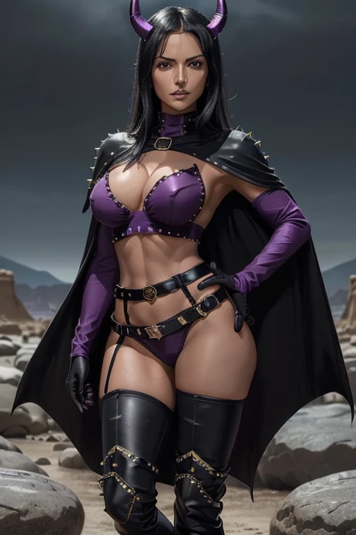 (masterpiece), best quality, expressive eyes, perfect face, Nico Robin at rocky desert, (rocky desert at night background), (standing), (smirk), (closeup view), (1girl, Nico Robin face, dark skin, tanned skin, tan, black hair, ponytail hairstyle, no bangs, brown eyes, hourglass figure, skinny body, large breasts, huge breasts, oppai, wide hips, thick thighs, ((dark purple bikini), BREAK, (black studded hip belt), (knee pad boots), (black devil horns), (dark purple gloves), (dark purple fuzzy cape with sholder pads), (sunglasses)),