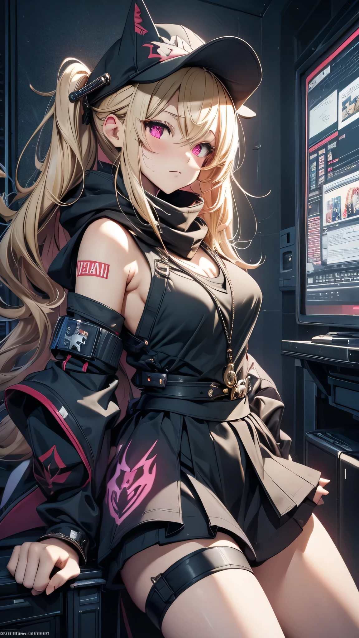 最high quality、Best image quality、masterpiece、girl((18-year-old、 By becoming、Best Bust、Medium Bust,Wide open breast tea、Red glowing eyes,Blonde、Disheveled Hair、Twin tails、thin,The highest valley、Open chest、Luminous Wristbands、hat、hair ornaments、luminous necklace、Black sleeveless hoodie(1:2)、Blue short skirt、Disheveled clothing、Show the whole body,Low - Angle、Hacker-like、sweating、lure、Black cute mask、Leaning against a wall、Black scarf、Holding a Japanese sword、Sad face、Chain Accessories、handcuffs)),high quality、Beautiful art、background((Black Room、Black Wall、Black furniture、Big black TV、Black PC))、Flight、Flying debris、Written boundary depth、movie、Visual Arts、Perfect art、8K,Genuine,