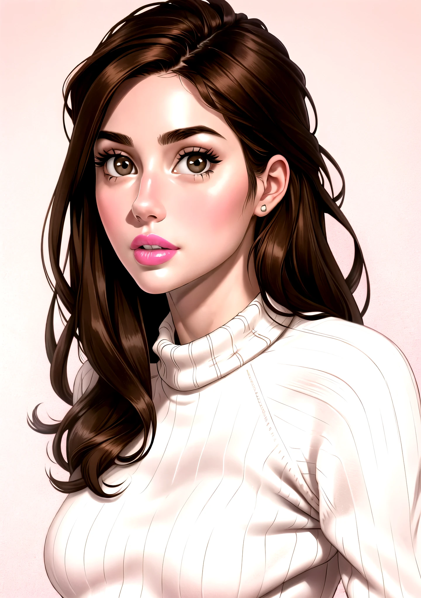 Girl, long brown hair, brown eyes, sharp features, white skin, pink lips, beautiful, soft and delicate, sweater