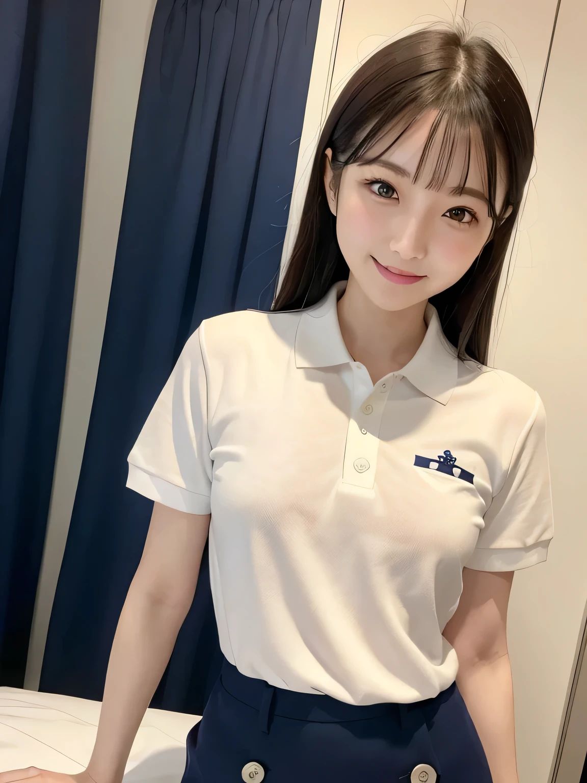 one person、one person、smile、An 18-year-old high school girl poses for a photo in a Navy blue polo shirt with an open front、Putting on makeup in front of the mirror、fun、Green mini skirt、victory、masterpiece、high resolution、Sharp focus）、cute、Japanese women、18-year-old、sexy、Laughter、(Perfect Anatomy、Delicate and beautiful body、Navy blue polo shirt)、A bustling city、smile、Small breasts、Nogizaka Idol、Slim figure、sexy、