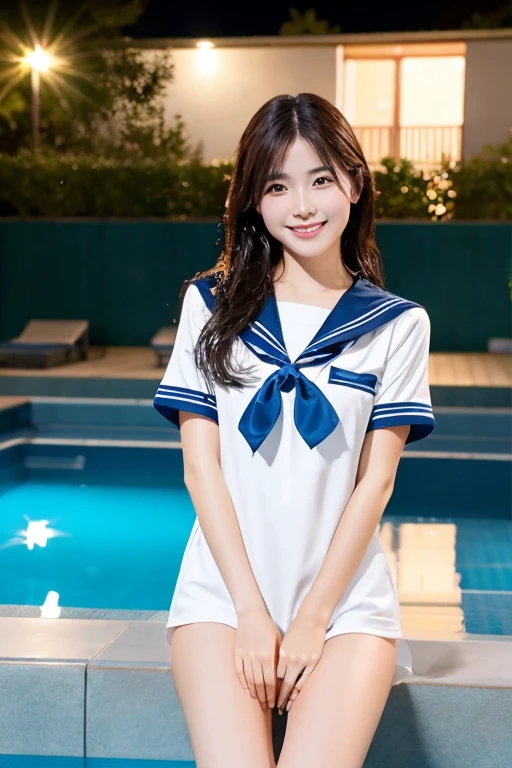 (8K), (highest quality: 1.2), (Realistic), (Realistic: 1.37), Ultra-high resolution,1 Japanese female,Night Pool,Sit by the pool,A radiant smile,Clear unevenness,Slender,whole body,Wet short-sleeved sailor suit,Wet straight hair,Beautiful water splashes,whole body,Separate type swimsuit