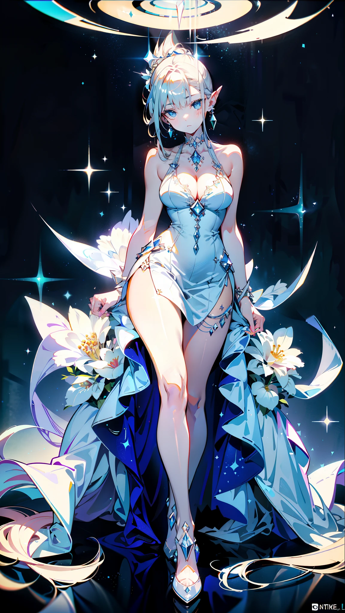 Full Body、Perfect hand drawing、Beautiful body lines、1. Beauty, (Thick neck:1.4)、(Broad shoulders:1.4)、(Deep cleavage:1.2) (Makes your face smaller)、(Pointed Chest:1.6)、Model Body Type、(F cup breasts:1.2)、、Sharp eyes、Big moist eyes、Impatience and embarrassment:1.2、(Sax Blue, Platinum Earrings, Platinum Necklace, White Dress), One girl, cute, (Dynamic Lighting:1.2), Cinema Lighting, Delicate facial features, Fine grain, Sharp pupils,  Depth of written boundary, Bokeh, (Ultra-detailed, bloom, Shine:1.4), Lots of little gems、Beautiful legs