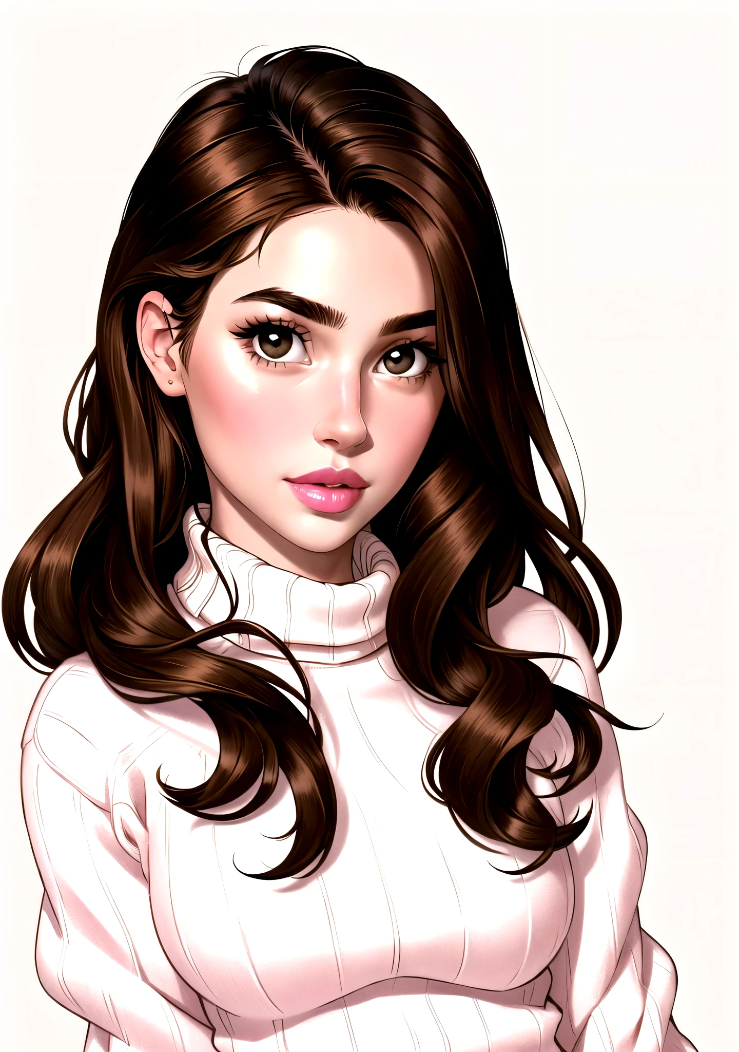 Girl, long brown hair, brown eyes, sharp features, white skin, pink lips, beautiful, soft and delicate, sweater