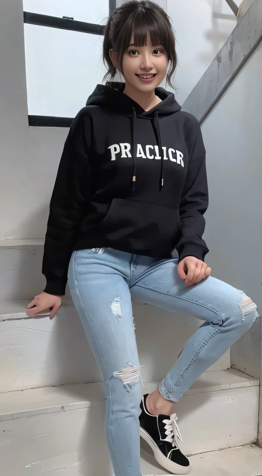 highest quality, Realistic, Very detailed, Finer details, High resolution, 8k wallpaper, One beautiful woman,Sit on the stairs、(Wear black socks)smile、(Beautiful teeth alignment、)(Gums are visible) Oversized hoodie, Skinny jeans,( Black sneakers)、Black Hair、 Beautiful Bangs、ear piercing、Perfect dynamic composition, Beautiful and detailed, Full Body Shot, A big smile