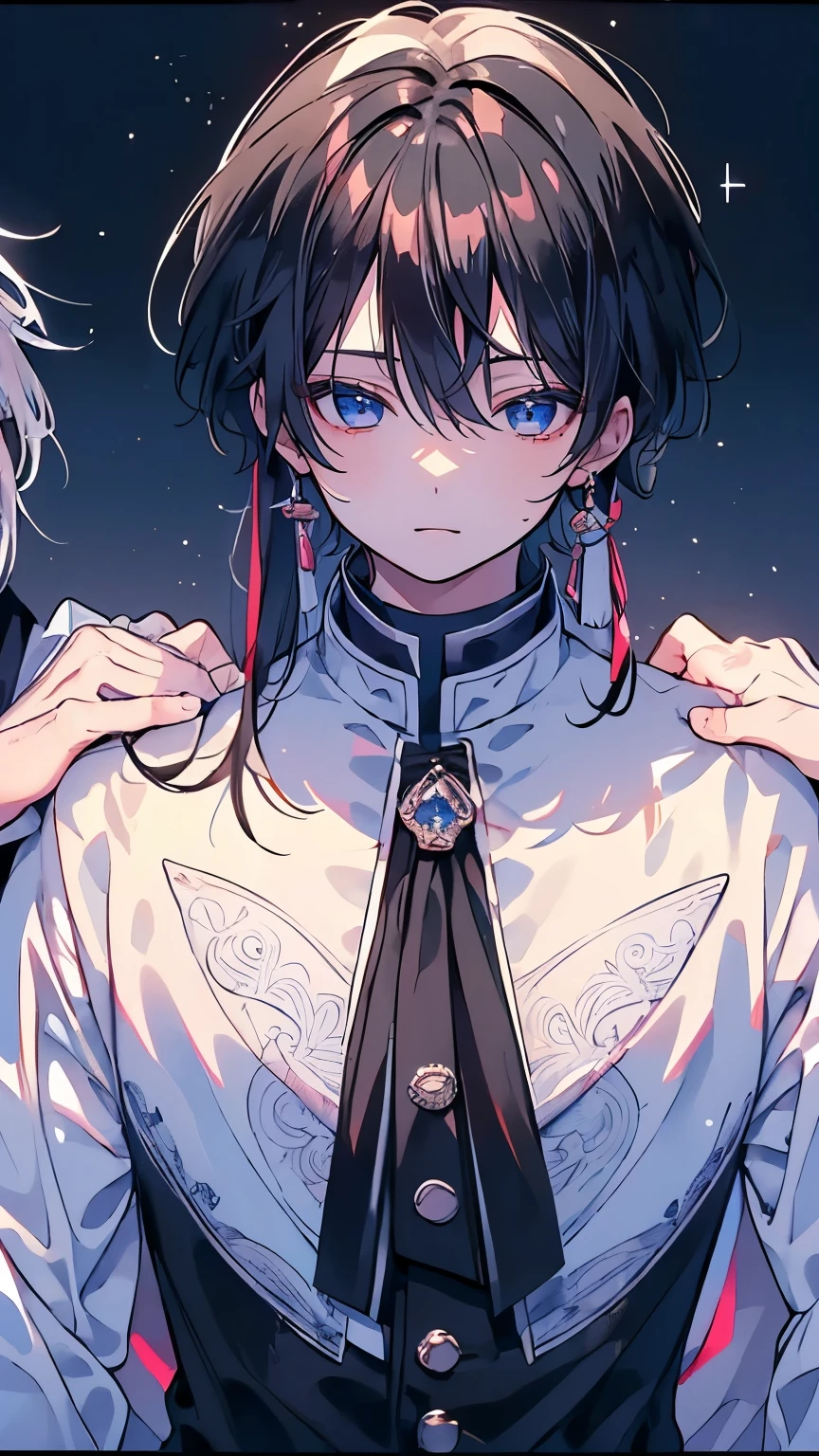 (Mastepiece), (Best Quality), Very detailed, ((Two friendly men:1.5)), Perfect Face, Beautiful Face, Very detailed顔，(Black Haired Man:1.3)，(Man with white hair:1.3)，uniform、shirt