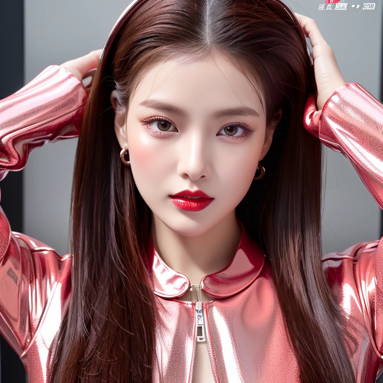 8k,超A high resolution,highest quality、masterpiece、Ultra-high resolution、(It looks real in the photo:1.4)、(1 girl)、Long sleeve、(Red patent leather racing suit)、(Straight Long Hair)、(Wet Hair)、Highly detailed human face、Pink Gloss Lipstick、Full body image