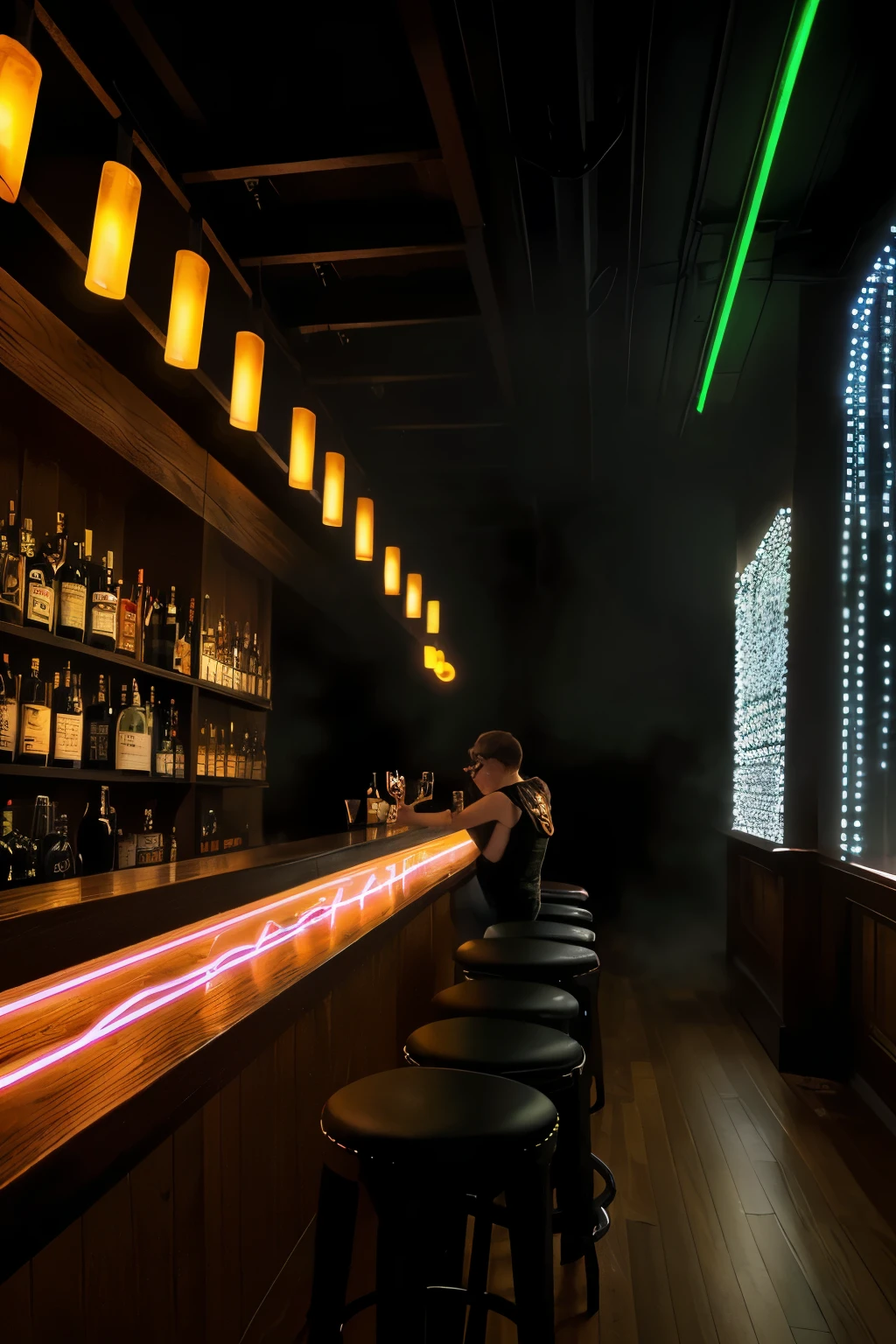 (high-energy rave:1.1),(photorealistic,vivid colors,extreme detail description),(sharp focus,ultra-detailed),(dark,moody),(glowing neon lights),oak wood bar,short haircut,knees on the stool,cocktail glasses,creepy foggy dancefloo, kneeing on the stool on drinking vodka from the bottle,