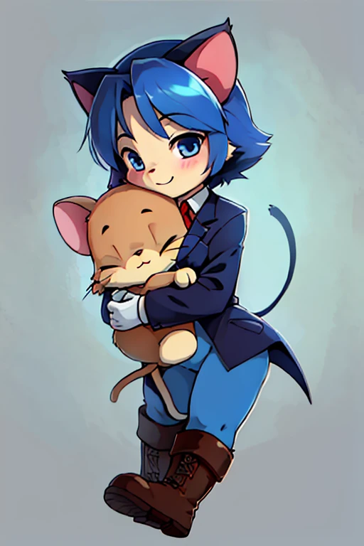 2 boys, cat and mouse, furry, bodyfur, blazer, bottomless, blue tights, gloves, boots, hug