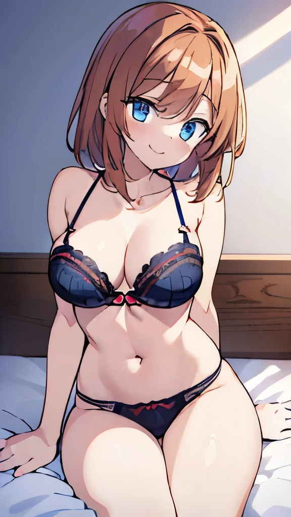 ((masterpiece)), ((best quality)), (ultra-detailed), anime style, on the bed, a cute girl, 1girl, solo, smile, underwear00