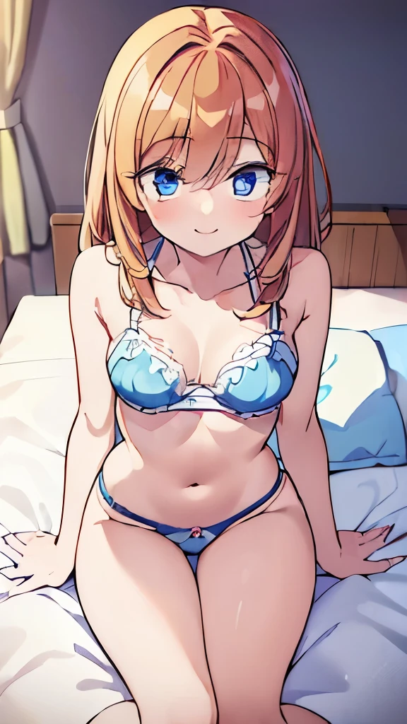 ((masterpiece)), ((best quality)), (ultra-detailed), anime style, on the bed, a cute girl, 1girl, solo, smile, underwear00