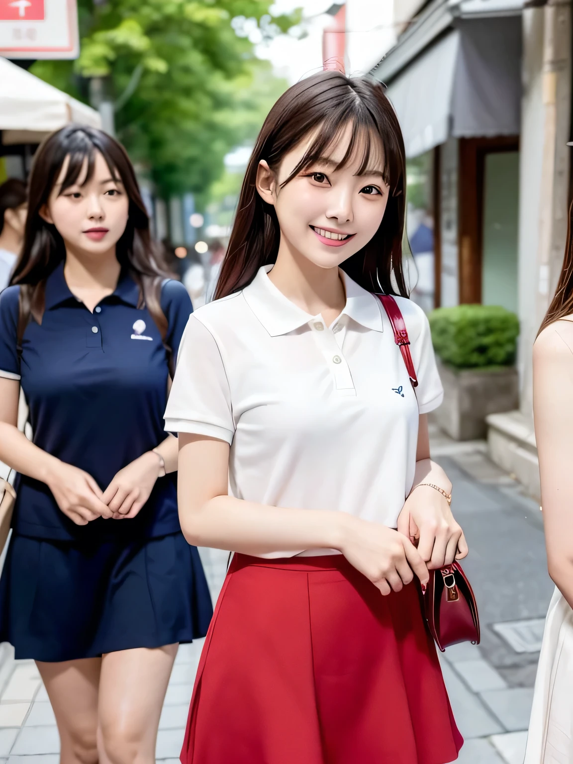 Three Girls、fun、smile、An 18-year-old high school girl posing for a photo in a navy blue shirt with an open front、Red mini skirt、Holding a red handbag、victory、masterpiece、high resolution、Sharp focus)、cute、Japanese women、18-year-old、sexy、Laughter、(Perfect Anatomy、Delicate and beautiful body、Navy blue polo shirt)、Busy town on holiday、I'm shopping、smile、Small breasts、Nogizaka Idol、Slim figure、sexy、shopping、