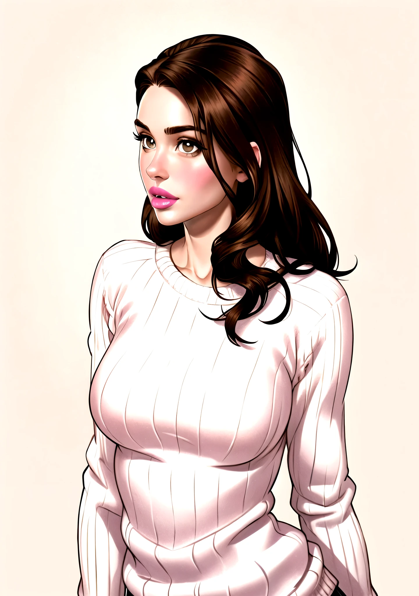 Girl, long brown hair, brown eyes, sharp features, white skin, pink lips, beautiful, soft and delicate, sweater