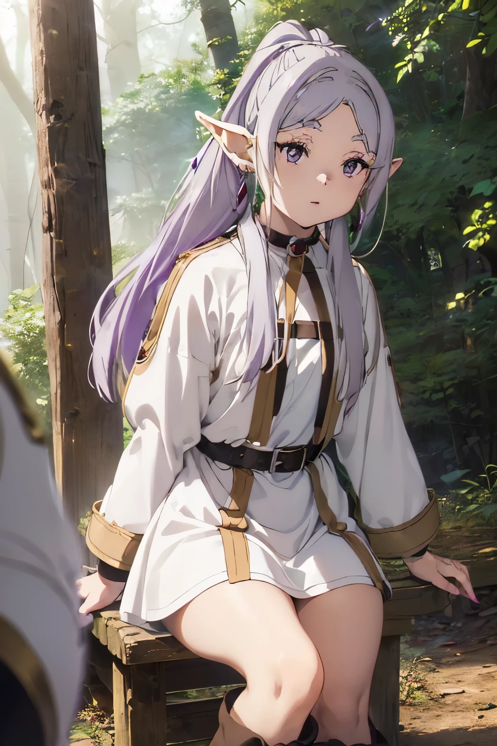 ((Purple eyes, glowing with an otherworldly allure)), ((Silver ponytail hair, cascading down her back, adorned with elf earrings)), ((Red earrings, adding a pop of color to her delicate features)), ((White long-sleeved coat, billowing in the wind, keeping her warm in the mystical forest)), ((Short white dress with black leggings underneath, body-hugging and practical for her adventurous pursuits)), ((Brown boots, sturdy and covered in dirt, indicating her readiness for any terrain)), ((Holding a wizard's staff, topped with a crystal orb, emitting a faint, magical glow
