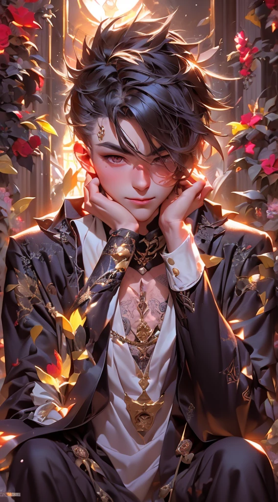 anime boy with tattoos sitting on a bench in front of a stained window, delicate androgynous prince, beautiful androgynous prince, trending on artstation pixiv, anime boy, artwork in the style of guweiz, detailed fanart, high quality portrait, pixiv daily ranking, digital art on pixiv, male anime style, discord pfp, pixiv style,masterpiece, best quality, (extremely detailed CG unity 8k wallpaper), (best quality), (best illustration), (best shadow), absurdres, realistic lighting, (Abyss), beautiful detailed glow