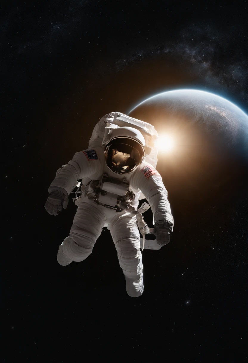 (best quality, masterpiece:1.2), ultra-detailed, (realistic, photo-realistic:1.37), astronaut, space, spacesuit, floating, galaxy, cosmic, stars, gravity, universe, spacecraft, serene, peaceful, abyss, zero gravity, weightlessness, stellar, body movement, space exploration, void, deep space, glimmering, ethereal, otherworldly, luminous, cosmonaut, loneliness, isolation, extraterrestrial, moonlit, transcendent, limitless perspective, adventure, discovery, interstellar immersion, captivating scenery, unfathomable vastness, exploring the unknown, astral journey, limitless possibilities, gravity-defying, pure silence, mysterious depths, intrepid spirit, cosmic ballet, immeasurable expanse, rays of light, enigmatic universe, celestial awe, space odyssey., photorealistic, from side, cinematic lighting, chiaroscuro, 4k, 8k, highres, UHD, high details, best quality