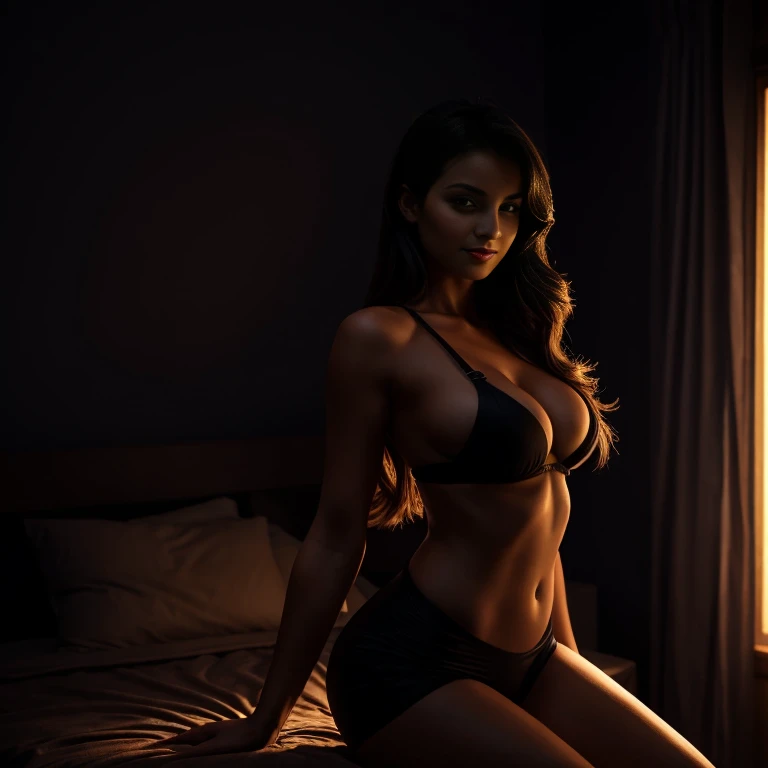 Posing to highlight her swooping bosoms, swaying them side to side, unbuttoned shirt, woman 30yo, natural beauty, dark bedroom, rgb mood lights in the background creating her silhouette, photon mapping, long hair, masterpiece