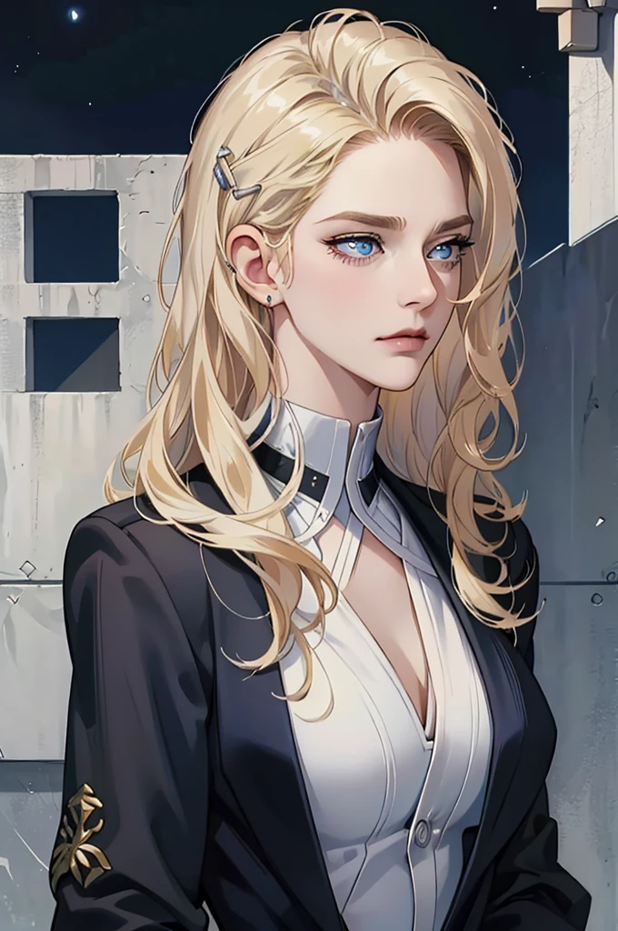 masterpiece, Best quality, night, full moon, 1 girl, mature woman, (blonde hair), long and wavy hair, tranquility, Intellectual, medium hair, blue pupils, hairpin, Beautiful face, face close up, Hand close-up, business suit, White shirt, black dress pants, serious face, closed mouth 