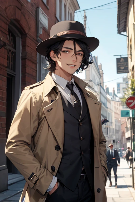 Young British businessman during the Jazz Age of the 19th century,Gentlemanly manners,Second dimension fluffy hair,Black hair,Trench coat,Smile,masterpiece,Black low hat