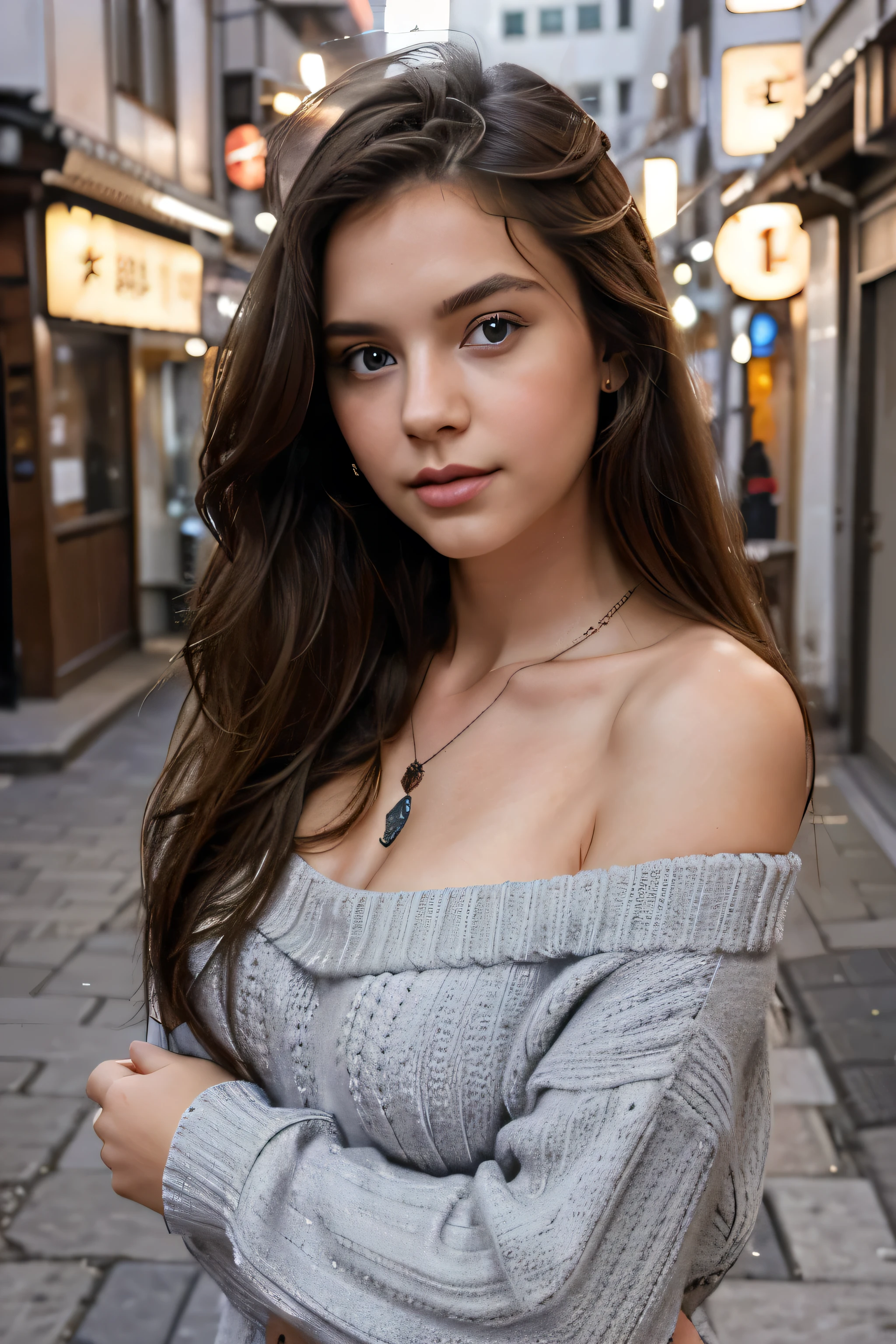 1fille de 24 ans, seulement, cheveux longs, taille moyenne , regarder le spectateur, Cheveux bruns, shoulders nues, yeux bleus, bijoux, tout le corps, collier, Hors de l'shoulder, pull gris, lips, Realistic, nez, flirt with the camera, faire une séance photo dans une ville japonaise