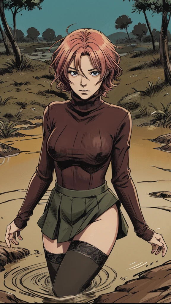 vector image, 2d cartoon,An anime woman with colored hair and turtleneck and skirt and stockings with garters drowning in the middle of quicksand bog, 