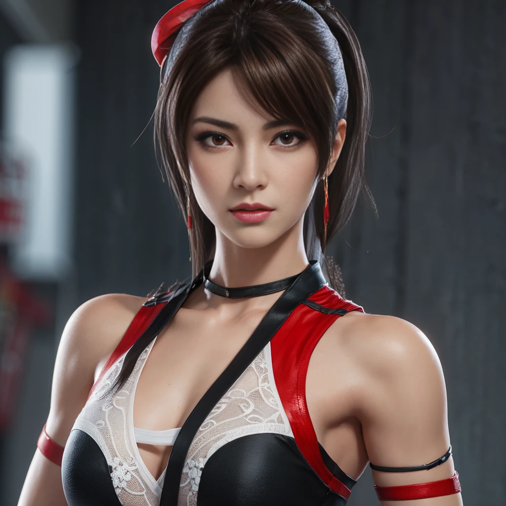 Mai Shiranui, (best quality,ultra-detailed),(realistic:1.37), beautiful and detailed face, ultra-realistic texture, delicate face, athletic body, vivid colors. High definition, 8k, angry expression