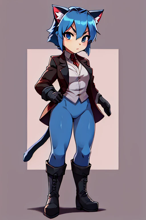 cat, furry, bodyfur, blazer, bottomless, blue tights, gloves, boots, hero
