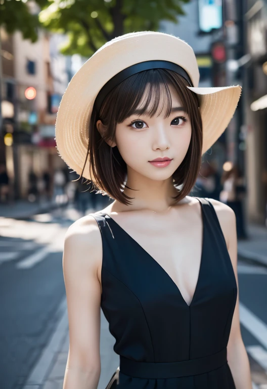 (((City:1.3, outdoor, Photographed from the front))), ((medium bob:1.3, black dress, hat,japanese woman, cute)), (clean, natural makeup), (highest quality, masterpiece:1.3, 超High resolution), (Super detailed, caustics), (realistic:1.4, RAW shooting), very detailed, High resolution, 16K resolution
