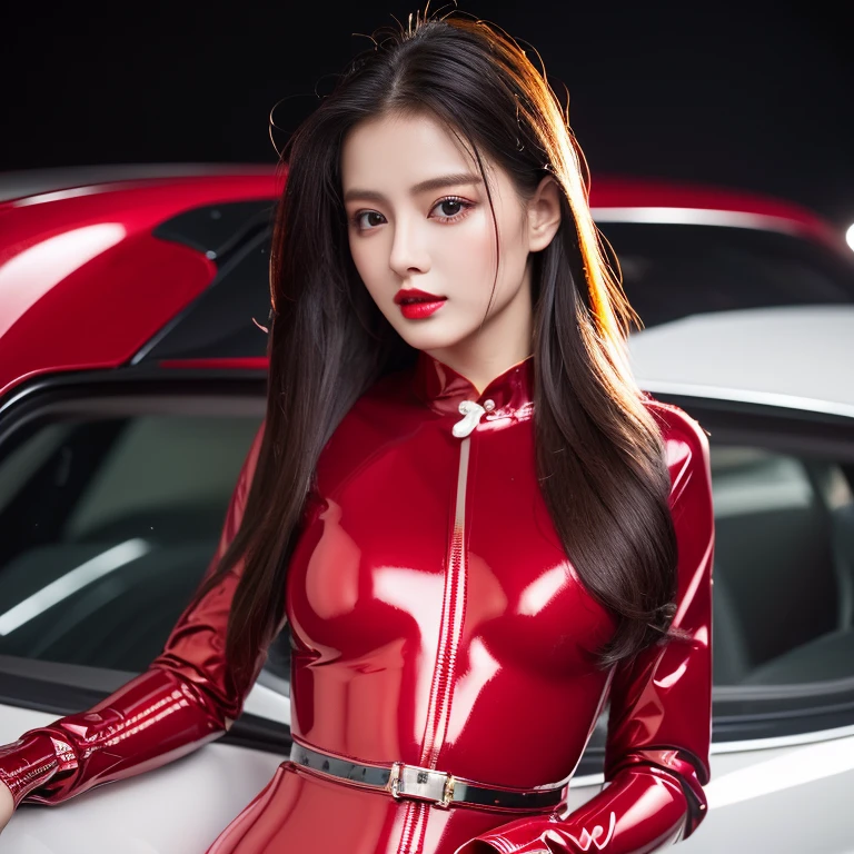 8k,超A high resolution,highest quality、masterpiece、Ultra-high resolution、(It looks real in the photo:1.4)、(1 girl)、Long sleeve、(Red patent leather racing suit)、(Straight Long Hair)、(Wet Hair)、Highly detailed human face、red gloss lipstick、Full body image