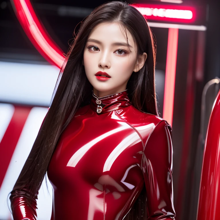 8k,超A high resolution,highest quality、masterpiece、Ultra-high resolution、(It looks real in the photo:1.4)、(1 girl)、Long sleeve、(Red patent leather racing suit)、(Straight Long Hair)、(Wet Hair)、Highly detailed human face、red gloss lipstick、Full body image