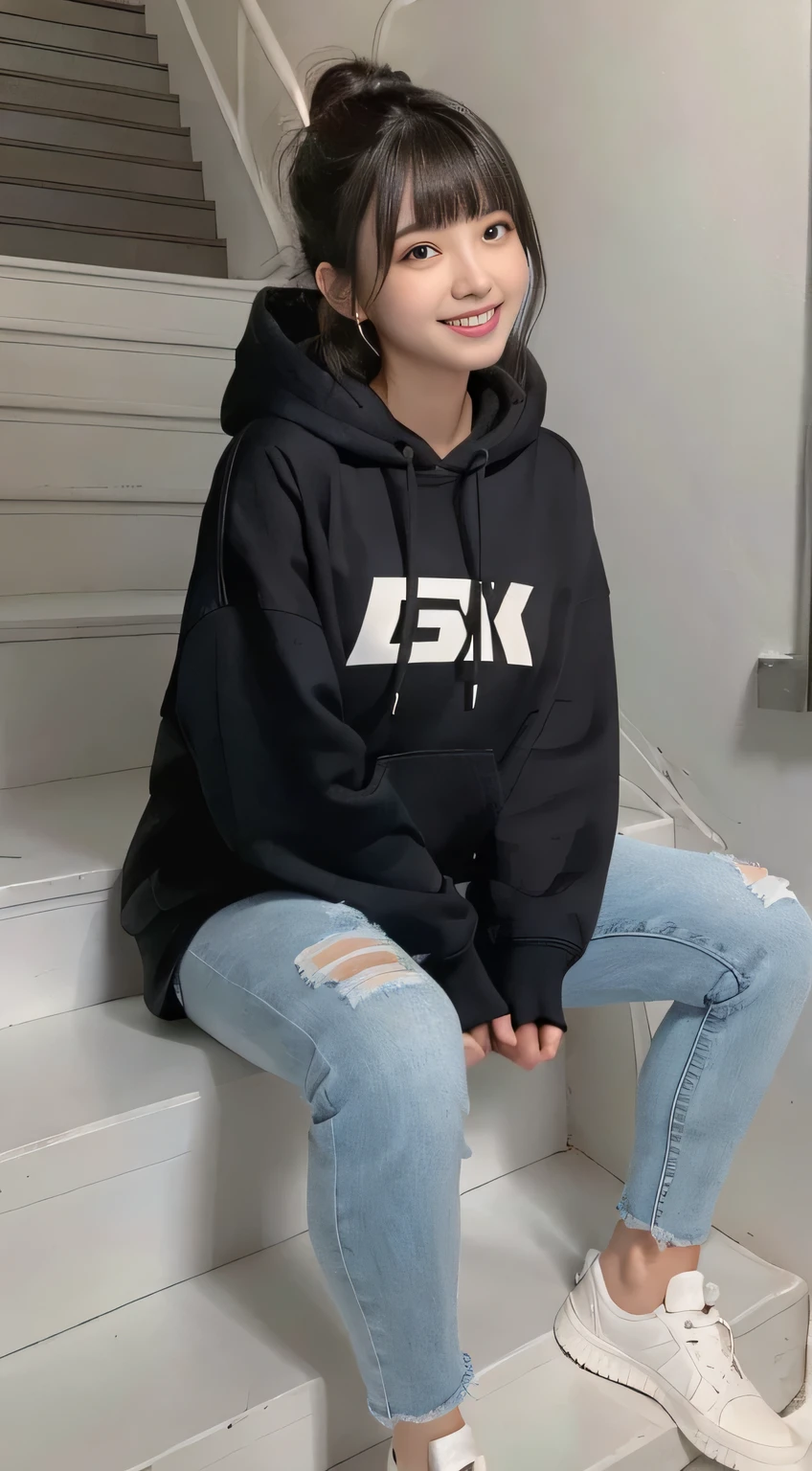 highest quality, Realistic, Very detailed, Finer details, High resolution, 8k wallpaper, One beautiful woman,Sit on the stairs、(Wear black socks)smile、(Beautiful teeth alignment、)(Gums are visible) Oversized hoodie, Skinny jeans,( Black sneakers)、Black Hair、 Beautiful Bangs、ear piercing、Perfect dynamic composition, Beautiful and detailed, Full Body Shot, A big smile