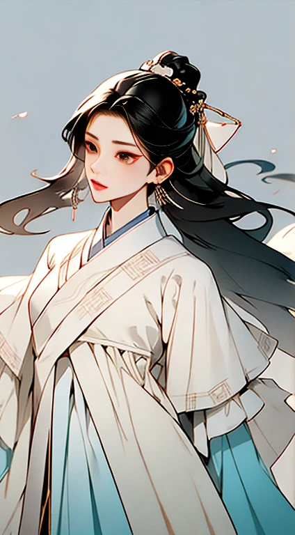 (Masterpiece, Top Quality, Best Quality), ((Wuxia World, Xiuxian, Chinese Wuxia,)), (1 Girl Solo), (Full Body), (Gentle Eyes), (Ancient Chinese Clothes, Cyan Robe, Embroidered Collar Uesugi, White Big Sleeve Shirt, Streamers), (Hairpin, Long Black Hair), (Hanfu), Light Pink Lips, (Young), Earrings, White Skin, (Clear Facial Features, Detailed Skin Texture, Beautiful Face, Facial Highlight), Color Ink Painting, Splash Color, Sketch, Denoising, Splash Ink, Dramatic, Cinematic grade, white background, standing, slim body, 8k UHD, DSLR, soft light, high quality, high resolution, (very detailed CG unity 8k wallpaper)