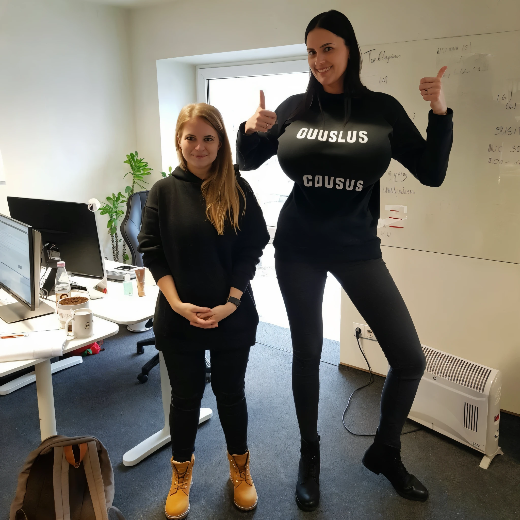 plain black sweatshirt, (big giant enormous oversized massive huge colossal breasts:1.5), (gigantic sagging breasts:1.5), (very long thick full hair)