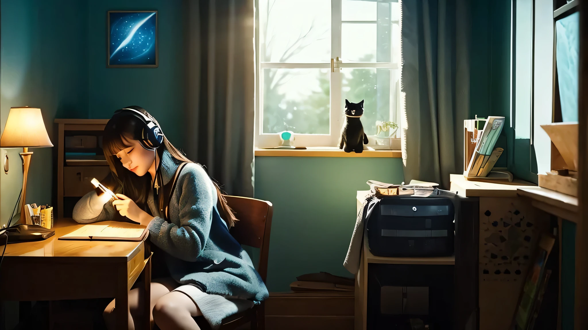 reluctant machine、Sitting on a chair、A beautiful girl studying in her room while listening to music with headphones、Warm lighting、Outside the room is a starry sky、Black cat sleeping、Japanese anime style