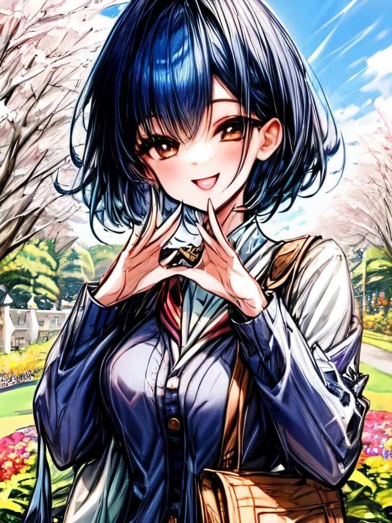 A quiet girl with dark blue hair girlwearing a cardigan with a smile on her face, standing in a sunny garden surrounded by colorful flowers.